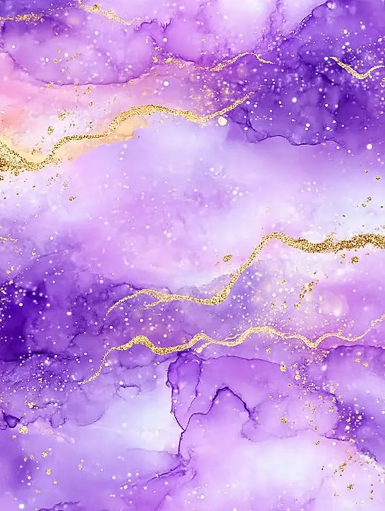 The image is an abstract artwork featuring a dreamy, ethereal blend of purple and lavender hues.  Swirling patterns reminiscent of clouds or nebulae are interspersed with delicate, gold-toned lines and speckles, creating a luxurious and otherworldly effect. The texture appears fluid and watercolor-like, suggesting a sense of movement and fluidity. The overall mood is calm, romantic, and subtly glamorous.