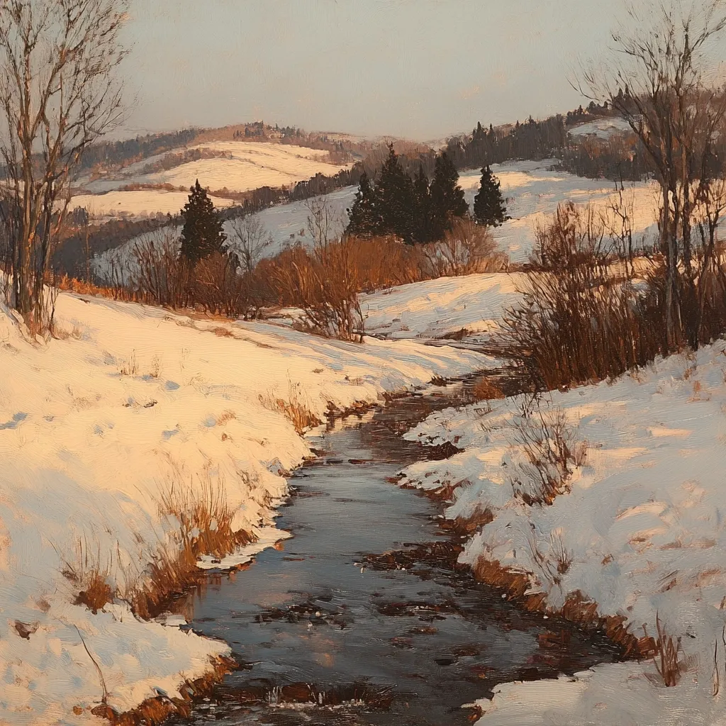 A tranquil winter scene unfolds, showcasing a meandering stream flowing through a snow-covered landscape.  The stream's dark water reflects the soft light of the setting sun, casting warm hues on the snow banks.  Bare, brown bushes and evergreens line the stream's edges, contrasting with the white expanse.  Rolling snow-dusted hills and a distant forest complete the peaceful, serene vista. The overall impression is one of calm and winter's quiet beauty.