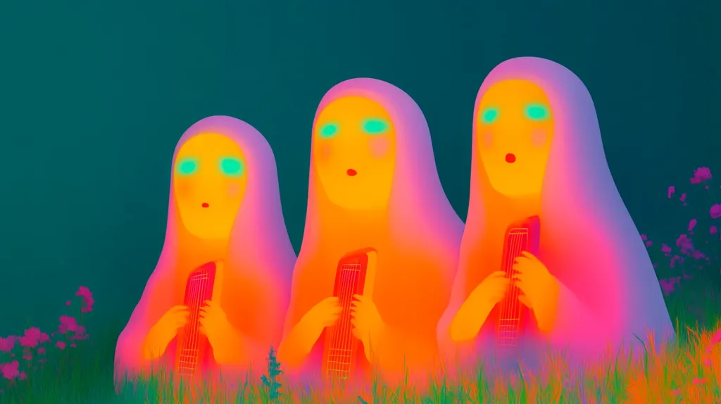 Three stylized figures, resembling cloaked individuals, are depicted in a vibrant, surreal landscape.  Their skin glows with an orange hue, contrasted by bright teal eyes.  Each figure holds a long, narrow instrument, possibly a type of zither, against their chests.  The figures are surrounded by a field of luminous green and purple grass, with faint pink flowers scattered in the background against a dark teal sky. The overall aesthetic is dreamlike and otherworldly, with a strong emphasis on bold, contrasting colors.