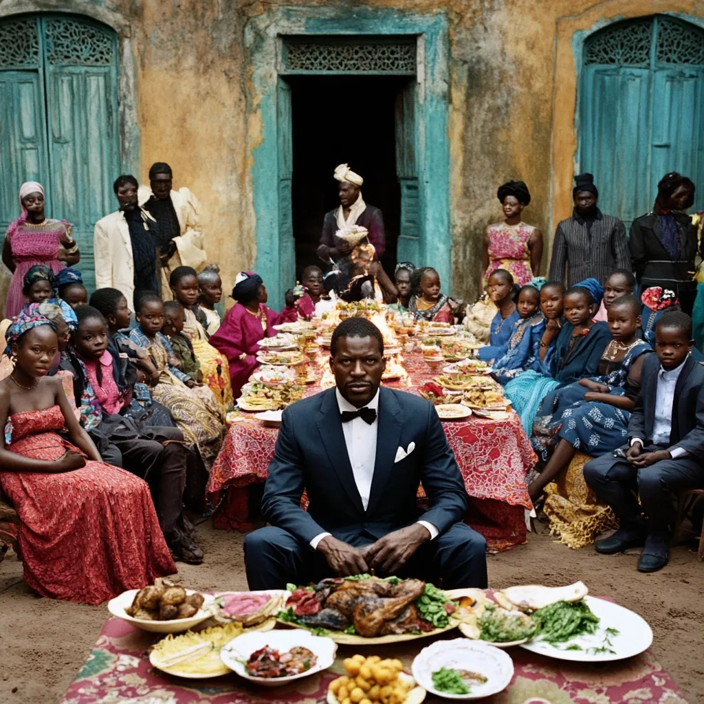 A formally dressed man in a tuxedo sits at the head of a long table laden with food, surrounded by a large extended family.  The family, dressed in vibrant traditional West African clothing, is seated outdoors in front of a rustic building with teal doors. The scene is rich in color and texture, suggesting a celebratory occasion, possibly a wedding or significant family gathering. The contrast between the man's attire and the family's traditional clothing adds a striking visual element. The overall atmosphere is one of warmth and community.