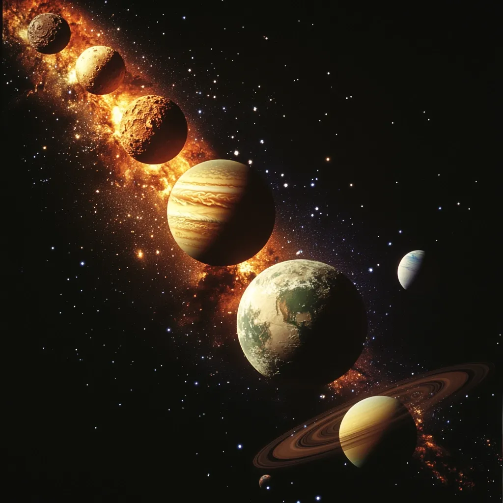 Here's a description of the image:

The image depicts a stunning cosmic scene, showcasing a series of planets aligned against a backdrop of a vibrant nebula.  The planets vary in size and color, ranging from reddish-brown rocky bodies to gas giants with swirling cloud patterns like Jupiter.  One planet prominently displays Earth-like features, including green and blue hues suggesting land and water. A ringed planet similar to Saturn is visible near the bottom. The nebula itself is a fiery mix of orange and gold, creating a dynamic and powerful visual effect against the star-studded darkness of space. The overall composition suggests a journey through a solar system, or possibly an artistic interpretation of celestial bodies.
