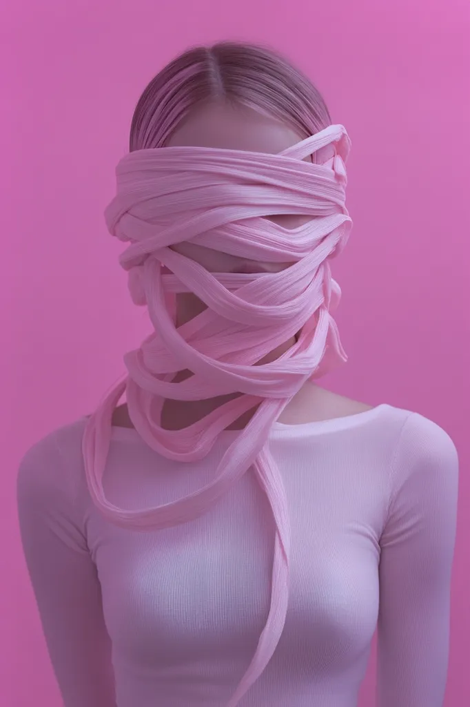 Here's a description of the image:

The photograph shows a person, seemingly female, with their face completely obscured by numerous layers of pale pink fabric wrapped around their head and neck.  The fabric is soft and loosely draped, creating a sense of mystery and concealment. The individual is wearing a simple, light pink, long-sleeved top against a solid, vibrant pink background. The overall effect is one of subtle surrealism and visual intrigue, with a focus on texture and color contrast.  The image suggests themes of identity, concealment, or vulnerability.