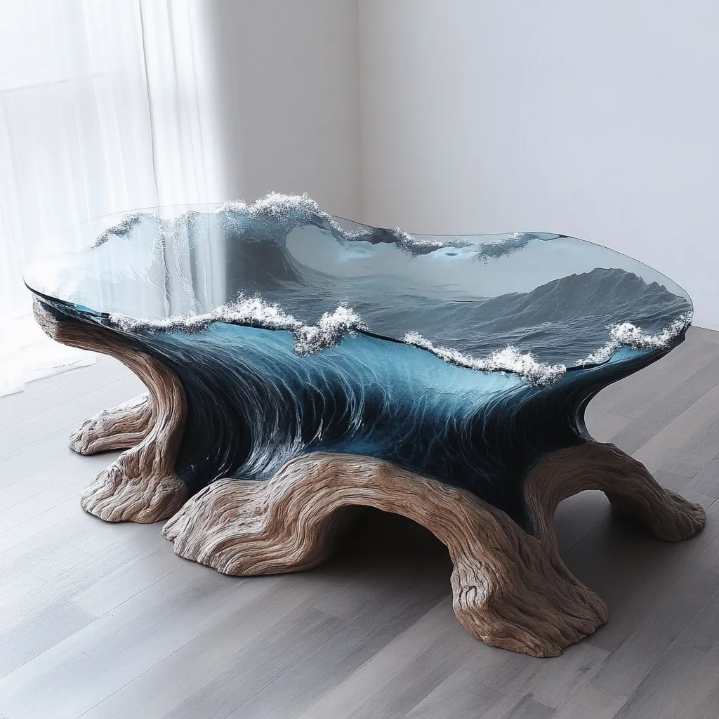 Here's a description of the image:

The photograph showcases a unique coffee table, its design a striking blend of natural and artistic elements.  A glass tabletop, shaped organically, appears to encapsulate a crashing ocean wave, complete with frothy whitecaps. This glass top rests on a sculpted base resembling a weathered tree stump, its gnarled wood adding a rustic contrast to the sleek glass and vibrant ocean scene. The table stands on a light gray wood floor, set against a backdrop of a simple white wall and sheer curtains, highlighting the table's intricate craftsmanship. The overall effect is one of serene beauty and captivating artistry.