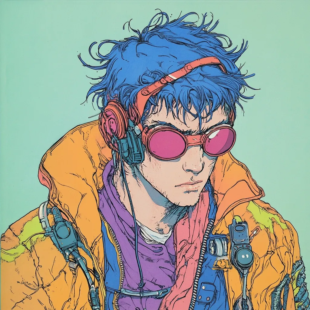 Here's a description of the image:

The illustration showcases a stylized young man with vibrant blue, spiky hair. He wears oversized pink goggles and large, orange headphones, hinting at a futuristic or cyberpunk aesthetic. His attire consists of a brightly colored, layered jacket in shades of orange, purple, and yellow, detailed with various technological attachments and zippers. The overall style is graphic and bold, with clean lines and a limited color palette, creating a striking visual impact. The background is a simple, muted teal, drawing focus to the character's intricate details and bold fashion.