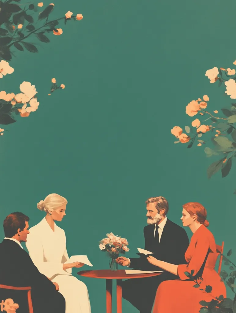 The illustration depicts a scene of quiet contemplation.  Four figures, two men and two women, are seated around a small, round table in front of a teal background.  Peach-colored roses frame the edges of the image. The women are dressed in elegant, light-colored clothing, while the men are in suits.  A bouquet of light pink flowers sits on the table, and papers are exchanged between the figures, suggesting a formal or significant discussion or transaction.  The overall style is minimalistic and subtly evocative.
