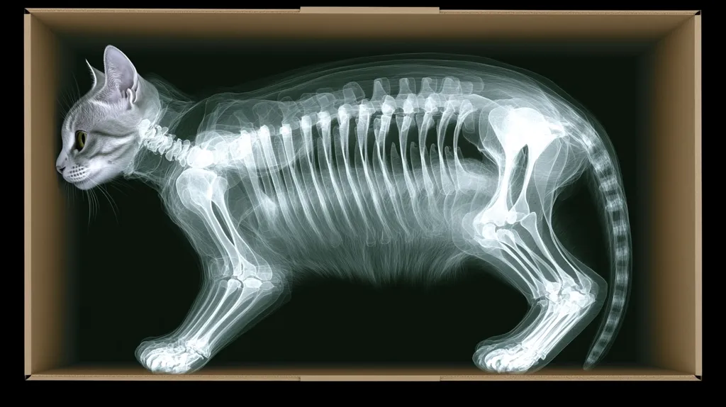 The image shows an x-ray of a cat inside a cardboard box.  The cat's skeletal structure is clearly visible, superimposed onto a faint image of its fur. The cat is positioned in profile, its head and body oriented towards the left side of the box. The dark background contrasts sharply with the bright, translucent bones, creating a striking visual effect.  The image is a surreal and artistic representation of a cat's anatomy.