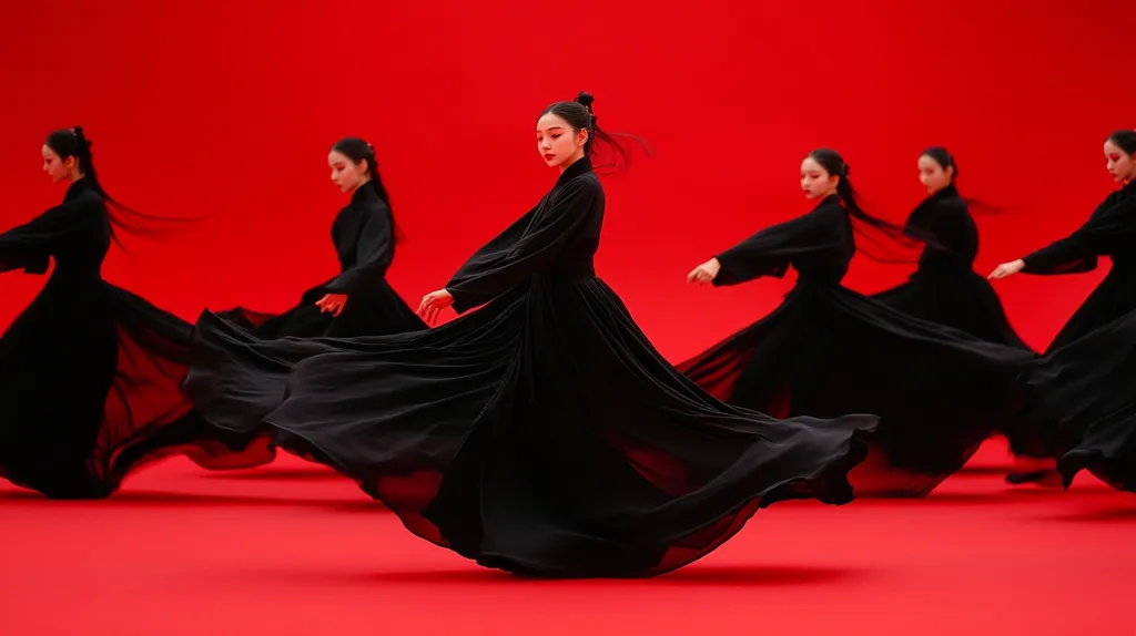 Here's a description of the image:

Against a vibrant red backdrop, a central figure in a flowing black gown commands attention.  Her dress billows dramatically, creating a sense of motion and grace.  Surrounding her, several other women in identical black garments appear as blurred, almost ghostly figures, suggesting a sense of speed or repetition. The contrast between the black dresses and the red background accentuates the visual impact, creating a powerful and stylized image. The overall aesthetic evokes a feeling of elegance and ethereal movement.