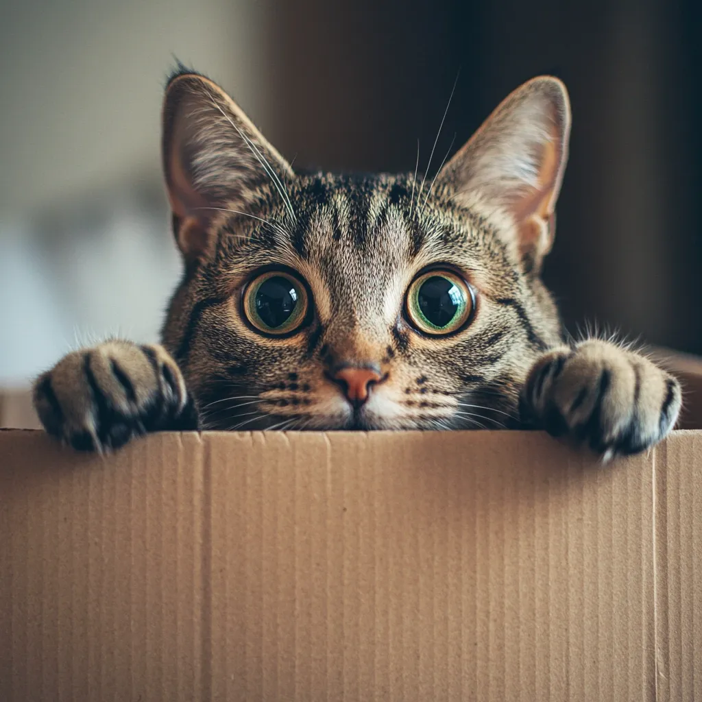 Here's a description of the image:

A tabby cat with wide, curious green eyes peeks over the edge of a cardboard box.  Its paws rest on the box's top, and its expression is one of playful inquisitiveness. The cat's fur is predominantly brown and grey, with darker stripes. The background is blurred, drawing focus to the cat and its playful interaction with the box. The overall mood is lighthearted and charming.