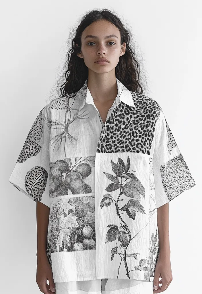A young woman with long, dark, wavy hair models a short-sleeved, button-down shirt. The shirt is white with a patchwork design featuring black and white botanical illustrations and animal print sections.  The images appear to be engraved or woodcut style prints. The overall aesthetic is monochrome and somewhat vintage.  The model appears calm and neutral in expression.