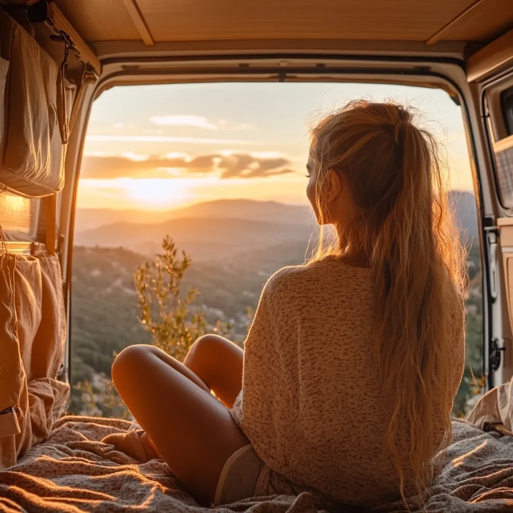 A young woman with long blonde hair sits in the open back of a camper van, gazing at a breathtaking sunset over a mountainous landscape.  The golden light illuminates her from behind, casting a warm glow on her sweater.  The van's interior is cozy and inviting, suggesting a journey filled with freedom and adventure. The scene evokes a sense of peace and tranquility amidst stunning natural beauty.
