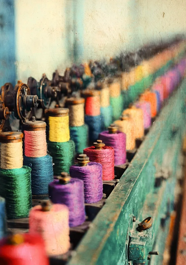 Here's a description of the image:

The photograph shows a close-up view of a row of spools of brightly colored thread on an old, worn, teal-colored machine. The spools are arranged in a staggered pattern, their vibrant hues—including pinks, purples, greens, yellows, and reds—creating a visually striking display. The machine itself appears aged, with visible signs of wear and rust, suggesting it's been in use for a considerable time. The background is blurred but reveals a similar array of spools, extending into the distance, hinting at a larger textile production process. The image evokes a sense of history and craftsmanship, focusing on the beauty of the colors and the aged texture of the machinery.
