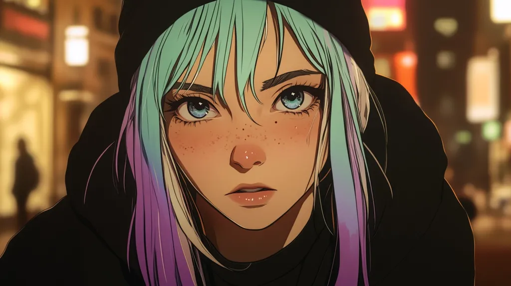 Here's a description of the image:

The image is a close-up digital illustration of a young woman with striking features.  She has pale skin, light teal hair with purple and pink highlights, and noticeable freckles.  Her eyes are large and expressive, a light blue, and her expression is serious, almost pensive. She wears a dark hooded jacket, which frames her face. The background is blurred, suggesting a nighttime city scene with warm-toned lights, creating a contrast with the cooler tones of the character's hair and clothing. The style is reminiscent of anime or manga, with clean lines and vibrant colors.