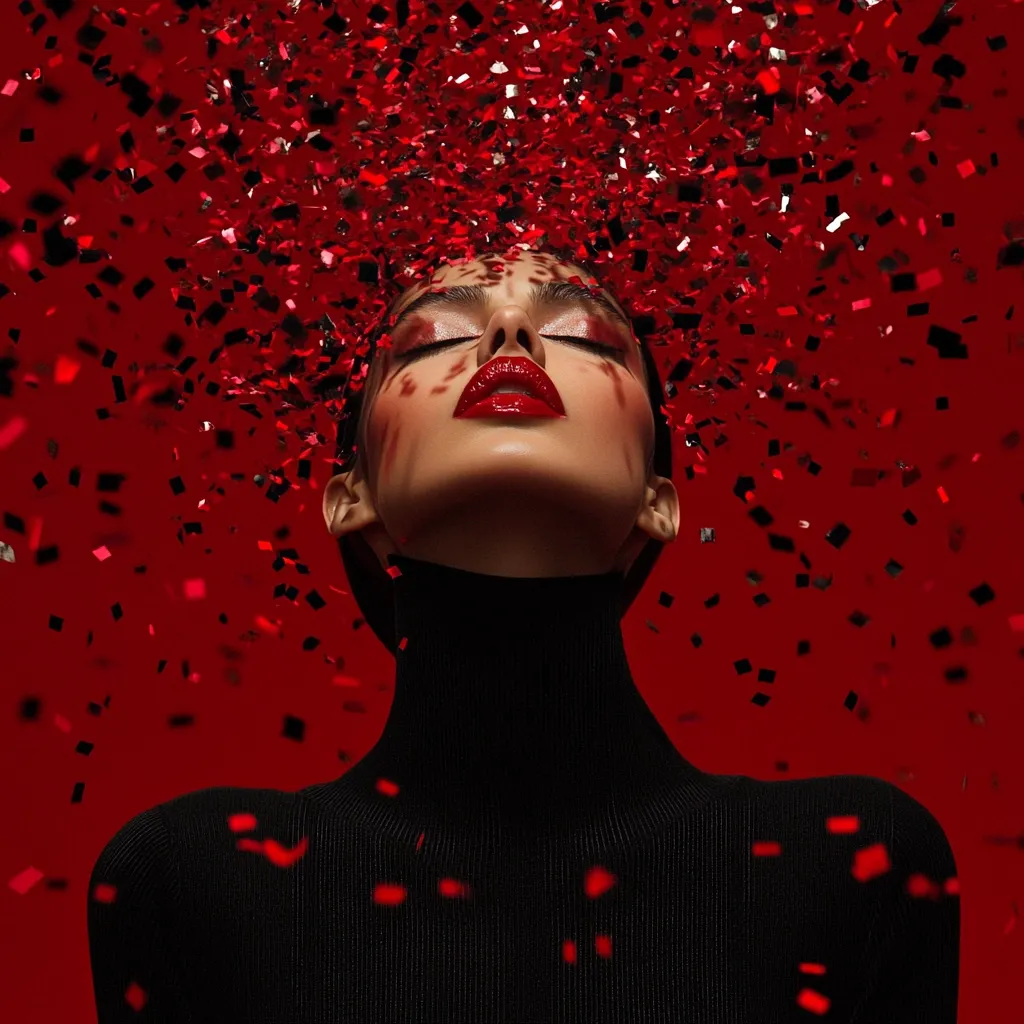 A woman with striking red lipstick and eye makeup is the focal point of the image.  She is wearing a black turtleneck, her head tilted back, surrounded by a shower of red and silver confetti against a deep red backdrop. The confetti creates a sense of celebration and dynamism, contrasting with the woman's serene expression. The overall aesthetic is one of dramatic elegance and festive glamour.
