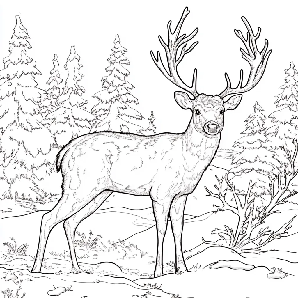 Here's a description of the image:

A detailed line drawing depicts a majestic deer, possibly a mule deer, standing in a snowy winter landscape.  Its large antlers are prominent, and its fur is meticulously rendered with fine lines suggesting texture. The deer is positioned centrally, facing the viewer. The background showcases a serene wintry scene with snow-covered evergreen trees and rolling hills, creating a peaceful, natural setting. The overall style is reminiscent of a coloring book page or a nature illustration.
