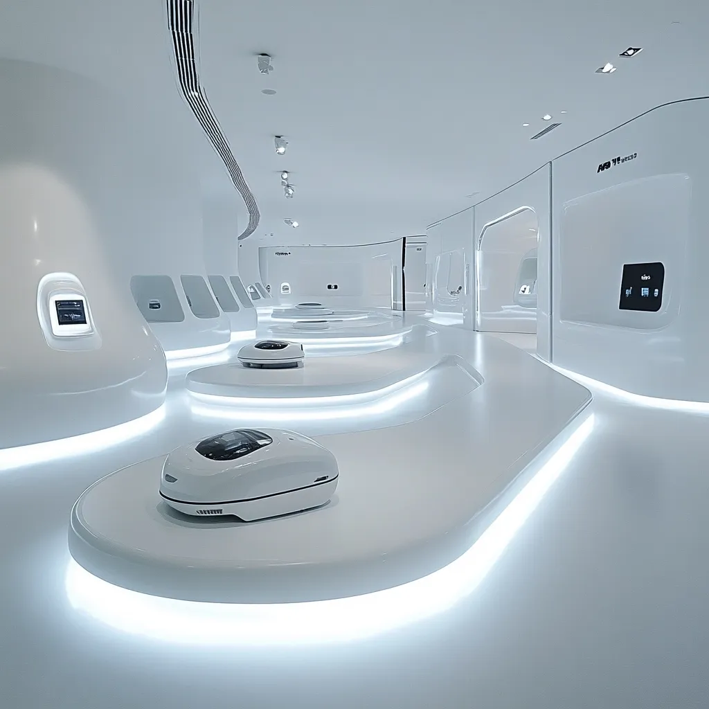 The image showcases a futuristic, minimalist interior.  Smooth, white curves dominate the space, illuminated by soft, indirect lighting.  Small, white robotic devices are positioned on raised platforms along a flowing pathway.  The overall design is clean, sterile, and technologically advanced, suggesting a showroom or exhibition space for high-tech products.  Subtle recesses and integrated screens add detail to the otherwise seamless walls.