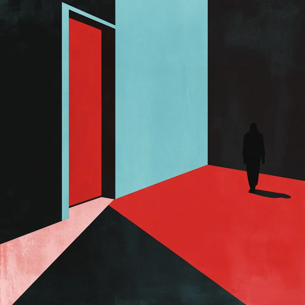 The artwork presents a stark, geometric abstraction. A lone, silhouetted figure walks across a vibrant red floor toward a corner formed by teal and black walls.  A bright red door, slightly ajar, is set within a black frame on one wall, suggesting a potential exit or transition. The colors are bold and contrasting, creating a mood of isolation and perhaps a journey towards an unknown destination. The style is minimalist, focusing on form and color to evoke a sense of mystery and contemplation.