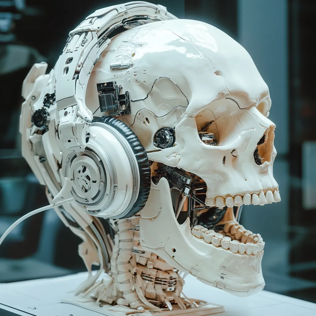 Here's a description of the image:

The image showcases a meticulously detailed 3D rendering of a human skull, seemingly robotic or cybernetically enhanced.  A pair of sleek, white over-ear headphones are integrated seamlessly into the skull's structure, with visible mechanical components connecting them to the bone. The skull is off-white, with a slightly glossy finish, and its jaw is open, revealing intricate dental detail.  The neck and lower skull structure are also exposed, displaying a complex internal mechanism. The overall aesthetic is a blend of organic and mechanical elements, suggesting a futuristic or science fiction context. The background is blurred, drawing focus to the central skull-headphone construct.