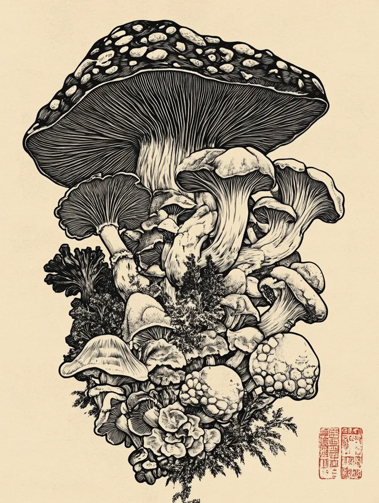 Here is a description of the image:

The image is a detailed black and white illustration, possibly a woodcut or linocut print, of a bountiful cluster of various mushrooms.  A large mushroom with a speckled cap dominates the top, its gills intricately rendered. Smaller mushrooms of different shapes and sizes sprout from around its base and below, some with stems, others appearing more like cauliflower heads. Delicate foliage and small plants weave through the fungal collection, adding to the lush, natural feel. The style is reminiscent of botanical illustration with a dark, slightly gothic aesthetic.  A red stamp is visible in the bottom right corner. The background is a light beige or cream color, enhancing the contrast of the black ink.