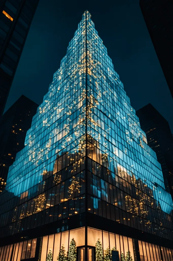 A modern glass skyscraper, illuminated at night, dominates the scene. Its pyramidal form is accentuated by internal lights, creating a dazzling effect.  The building's reflective surface mirrors surrounding structures and the night sky, adding depth to the image.  Small Christmas trees are visible at the base, adding a festive touch to the urban setting.  The overall aesthetic is sleek, modern, and subtly celebratory.