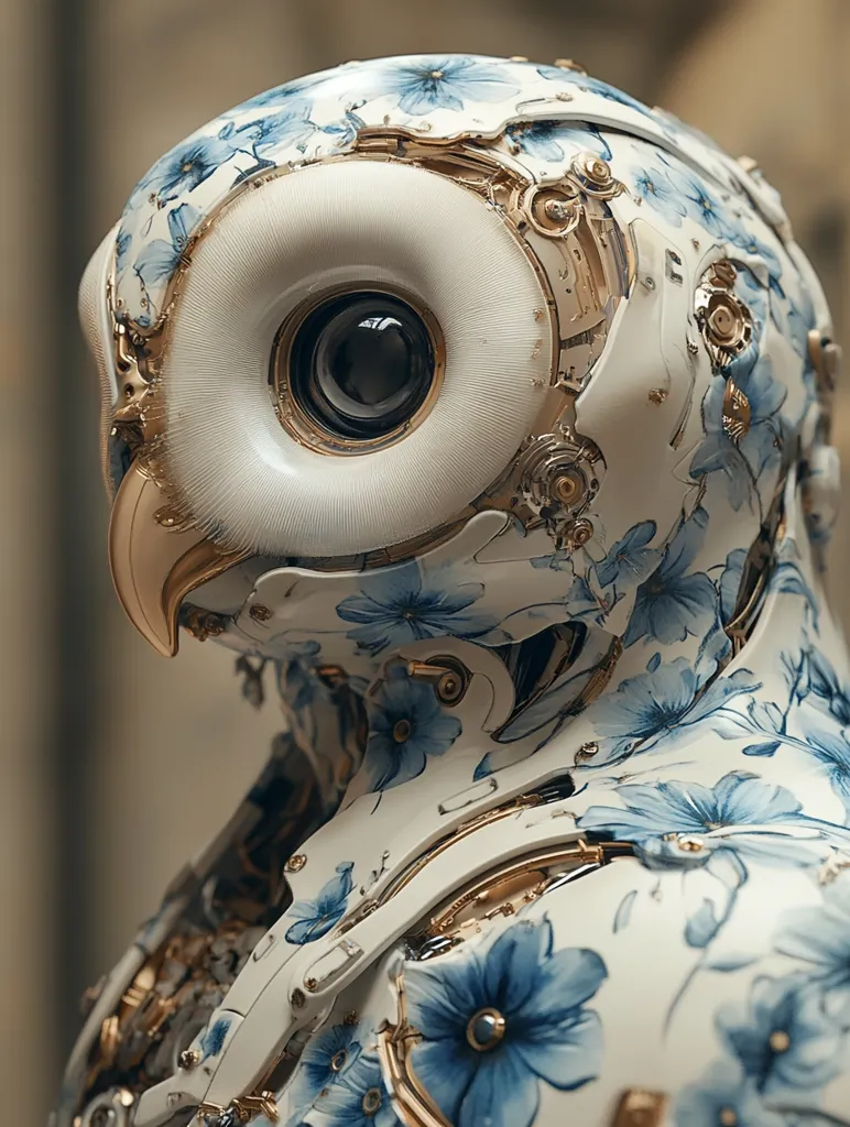 Here's a description of the image:

The image showcases a close-up of a robotic owl, meticulously designed with a unique blend of technology and artistry.  Its body is predominantly off-white, adorned with a delicate blue floral pattern reminiscent of porcelain china.  Gold accents highlight the intricate mechanical components visible beneath the painted surface, contrasting beautifully with the soft floral design.  The owl's large, dark eye, framed by a gold ring, is particularly striking, and its beak is a stylized gold.  The overall effect is one of sophisticated elegance and unexpected juxtaposition, combining technological precision with delicate artistic detail.