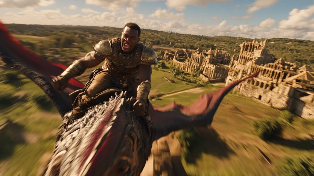 Here's a description of the image:

A muscular, dark-skinned man in golden armor fiercely rides a dragon in high-speed flight. The dragon's wings are a blurred crimson and dark gray, suggesting rapid movement.  Below, a large, ancient stone structure, possibly a castle or fortress, is visible in the distance, nestled amidst a verdant landscape under a partly cloudy sky.  The overall scene is dynamic and action-packed, evoking a fantasy or historical epic setting.  The man's expression is one of intense focus and determination.