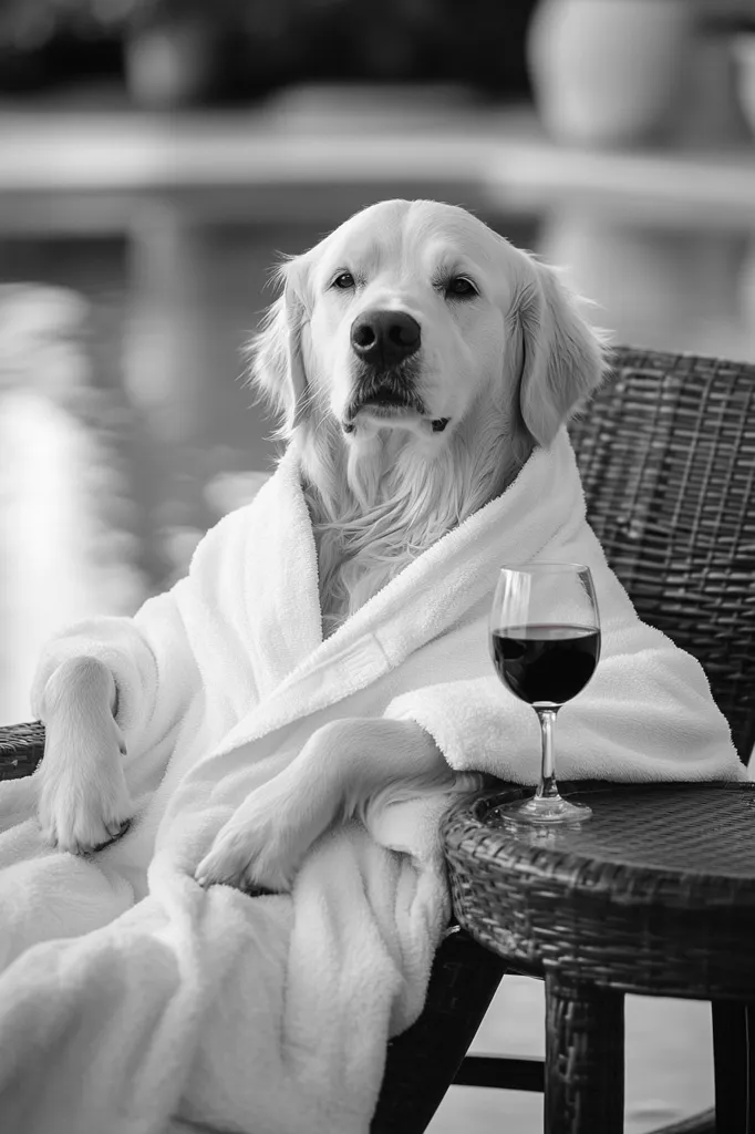 Here's a description of the image:

A black and white photograph shows a Golden Retriever dog luxuriously lounging in a white bathrobe.  The dog sits in a wicker chair outdoors, near a blurred-out pool.  It has a relaxed posture, its paws resting on the chair's arms. A glass of red wine sits on a small table beside the chair, adding to the scene's opulent and humorous tone. The overall mood is one of relaxed sophistication and playful absurdity.