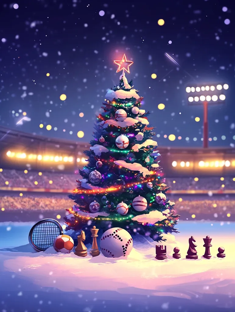A snow-covered Christmas tree, adorned with colorful ornaments and lights, stands in a snowy stadium under a night sky dusted with snowflakes.  The stadium lights twinkle in the background. At the base of the tree, various sports equipment—a tennis racquet, soccer ball, and baseball—rest alongside chess pieces, creating a whimsical juxtaposition of holiday cheer and sporting activities.  The scene is rendered in a vibrant, painterly digital style.