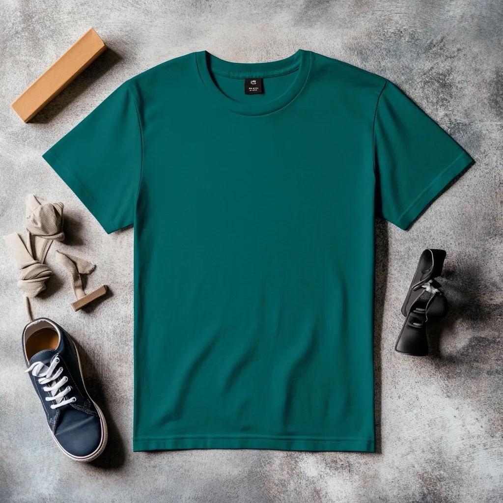 Here's a description of the image:

Flat lay photograph showcasing a teal crew neck t-shirt as the central focus.  Surrounding the shirt are various items, including a pair of navy blue canvas sneakers, a beige fabric roll, a small wooden object, a black item that resembles a piece of equipment or a folded accessory, and a brown cardboard box. The background is a textured gray surface, providing a neutral backdrop that enhances the vibrancy of the teal shirt. The overall aesthetic is minimalist and clean.