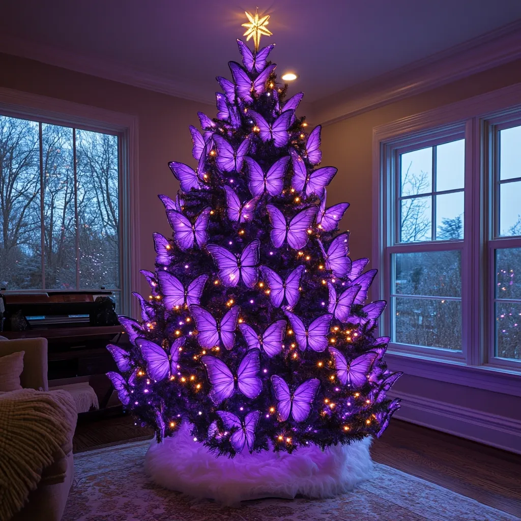 A Christmas tree adorned with numerous purple butterfly ornaments illuminates a room.  Warm white lights are interspersed among the butterflies, creating a magical, ethereal glow. The tree sits on a fluffy white base, positioned near a large window offering a view of a snow-dusted landscape. The overall ambiance is serene and enchanting, with the purple butterflies being the striking focal point.