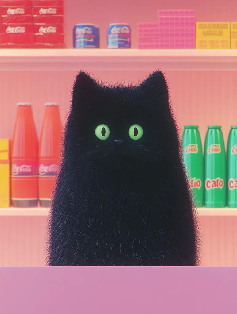 Here's a description of the image:

A fluffy black cat sits in front of a pink-toned convenience store. The cat's large, bright green eyes are prominent against its dark fur.  The shelves behind it are stocked with various beverages in bottles and cans, including what appears to be Coca-Cola products, and other items in boxes. The overall style is cartoonish and vibrant, with a retro aesthetic. The image focuses on the cat, creating a playful contrast between the creature and the mundane setting.