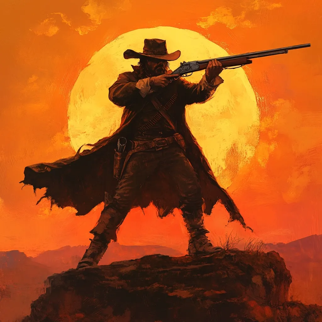 A lone gunslinger, silhouetted against a fiery sunset, stands on a rocky outcrop.  He's clad in a long duster coat and wide-brimmed hat, his posture suggesting readiness.  A shotgun is held at the ready, aimed across the vast, desolate landscape.  The overall style is painterly, with bold brushstrokes and a warm, intense color palette evoking the classic imagery of the American Wild West. The setting sun forms a large, hazy orb behind him, adding to the dramatic effect.