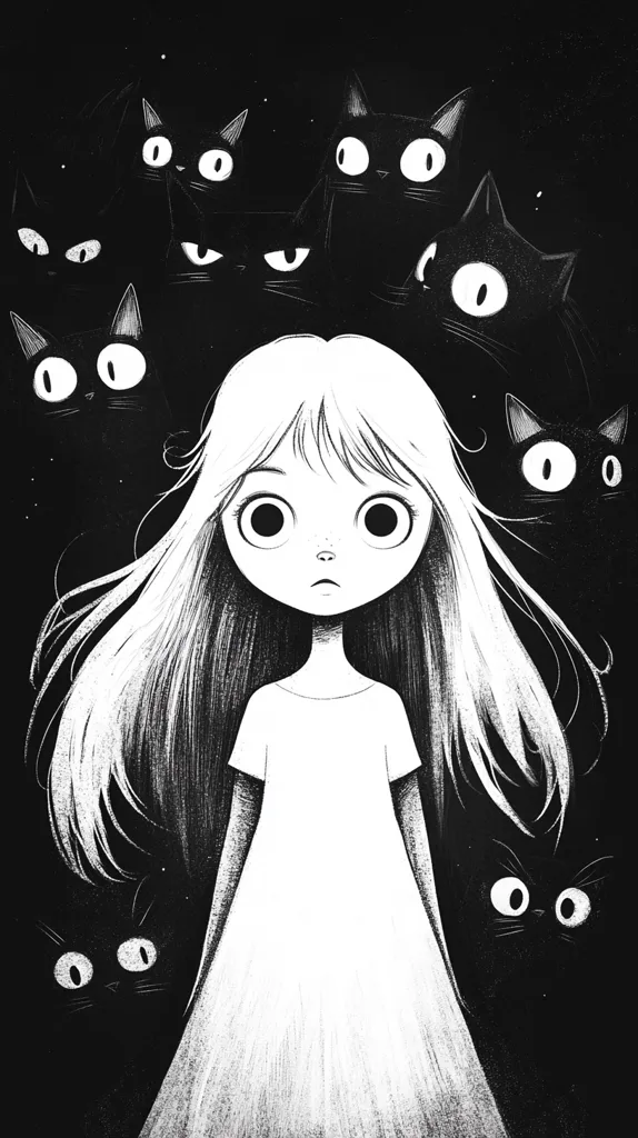A young girl with long, flowing hair, wearing a simple white dress, stands at the center of the illustration.  She is surrounded by numerous shadowy black cats, their eyes wide and expressive. The contrast between the girl's pale form and the dark, menacing cats creates a haunting and slightly unsettling atmosphere. The style is reminiscent of children's book illustration, but with a darker, more gothic edge. The overall mood is mysterious and evocative.
