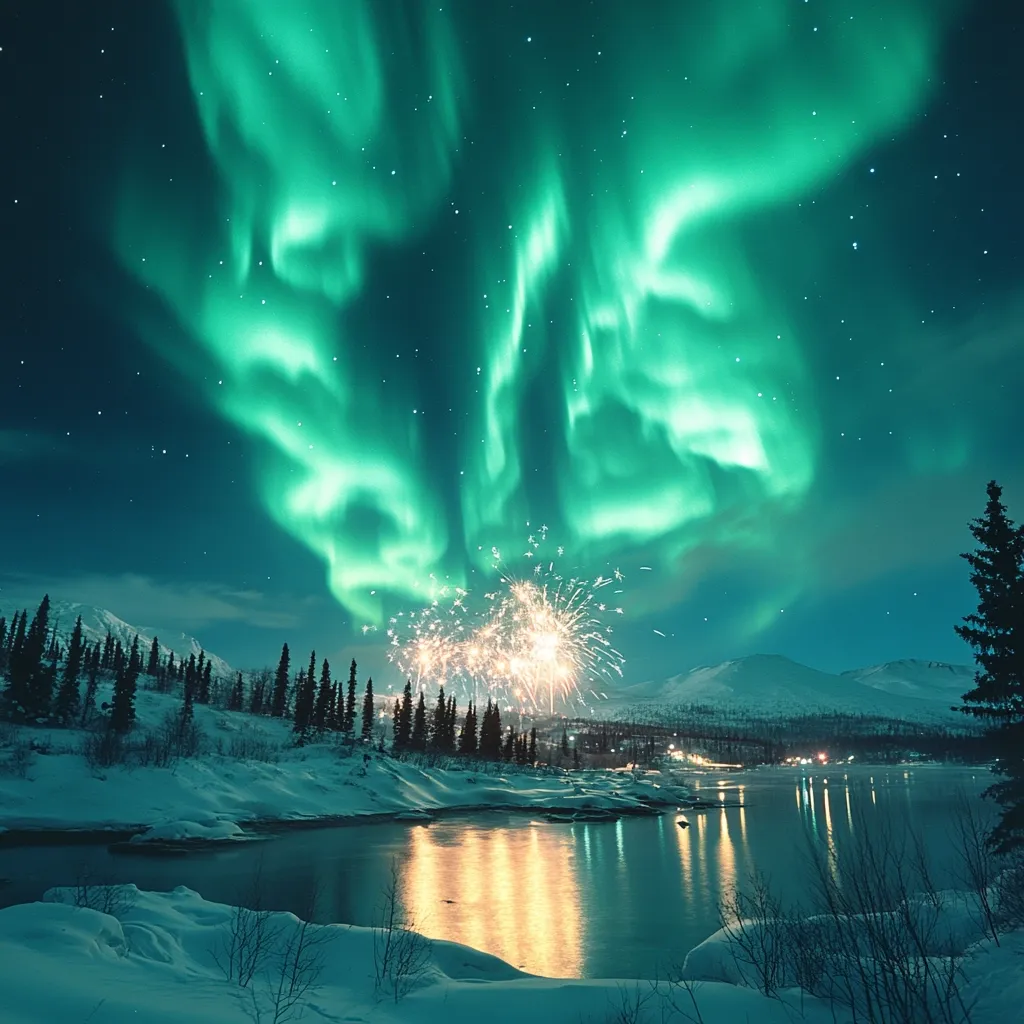 A breathtaking winter scene unfolds under a vibrant aurora borealis.  Emerald green curtains of light dance across the night sky, punctuated by bursts of golden fireworks illuminating a snow-covered landscape.  A calm, dark river reflects the spectacle, mirroring the lights above.  Silhouetted evergreens line the shoreline, adding depth to the magical, serene atmosphere.  The overall impression is one of awe-inspiring natural beauty and festive celebration.