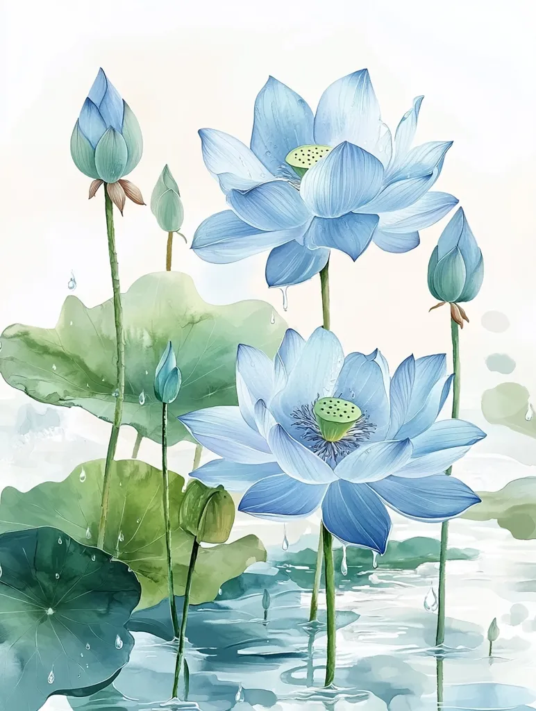 This watercolor painting depicts a serene scene of light blue lotus flowers in full bloom, emerging from a calm pond.  Several unopened buds and large, vibrant green lily pads surround the blossoms.  Raindrops cling to the petals and leaves, adding to the tranquil, peaceful atmosphere. The soft color palette and delicate brushstrokes create a sense of elegance and tranquility. The overall impression is one of beauty and serenity in nature.