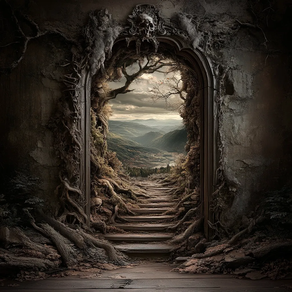 An arched doorway, intricately carved with skeletal details and overgrown with gnarled roots and trees, leads to a breathtaking vista. Stone steps wind upwards towards a panoramic view of rolling hills and valleys under a brooding sky. The scene blends elements of fantasy and gothic architecture, creating a mysterious and captivating portal to another world. The overall mood is dark, yet strangely beautiful and alluring.