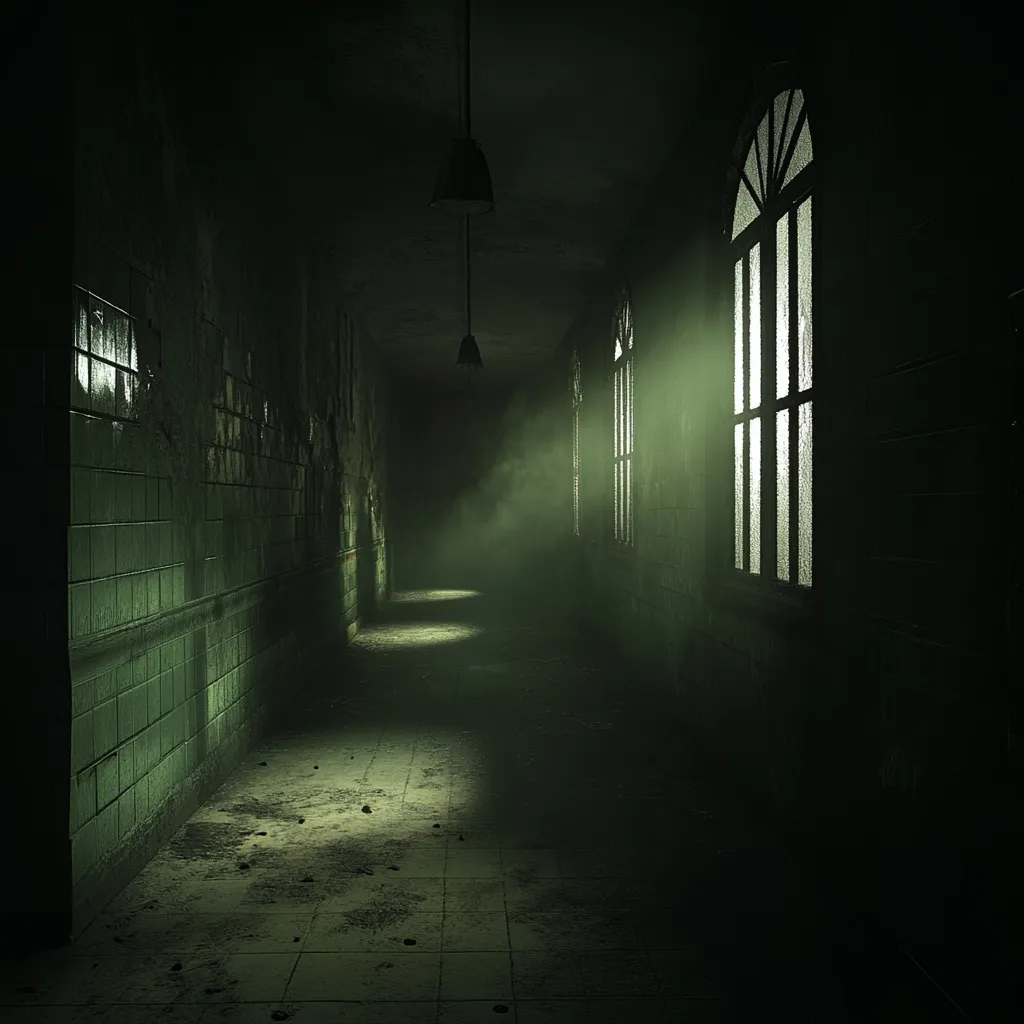 A long, dimly lit hallway in a dilapidated building is depicted.  Greenish-tiled walls, marred by age and decay, line the corridor.  Two hanging light fixtures cast weak shadows, barely illuminating the dusty floor.  Light filters through arched windows, creating hazy beams that highlight the unsettling atmosphere.  A sense of mystery and perhaps even unease permeates the scene, suggesting abandonment or neglect. The overall mood is dark and ominous.
