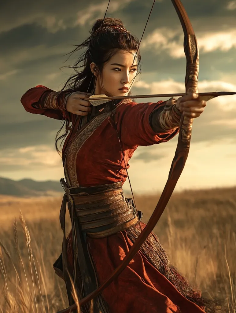 A young woman, her dark hair pulled back, stands in a field of tall grass, aiming a large, recurved bow and arrow. She wears a flowing, rust-colored dress with a brown leather belt and armbands, suggesting a warrior or archer from a historical or fantasy setting. The sun sets behind her, casting a warm golden light on the scene.  Her expression is focused and intense, suggesting determination and skill. The overall image is dramatic and evocative of strength and power.