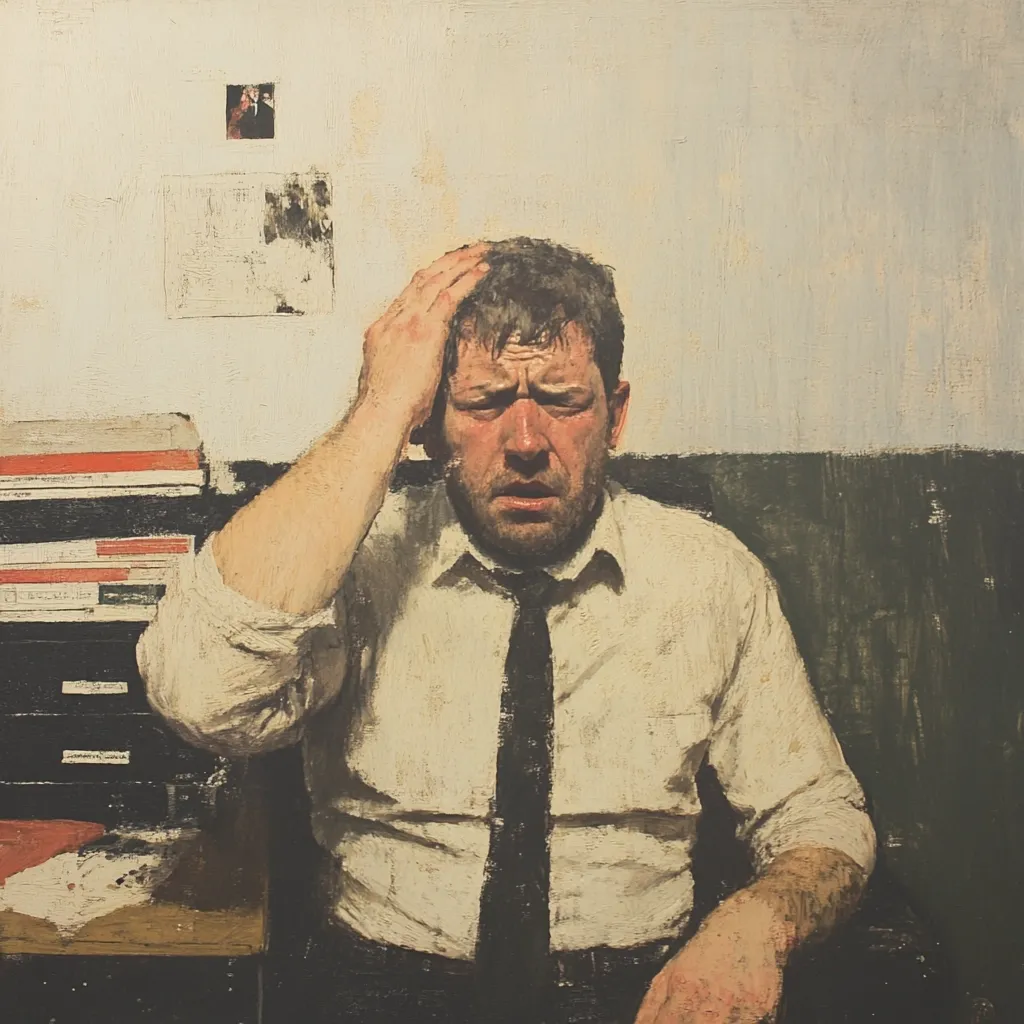 Here's a description of the image:

The painting depicts a man seated, his hand to his forehead in a gesture of apparent stress or contemplation. He's dressed in a light beige, long-sleeved shirt and dark tie, suggesting a somewhat formal or office setting. His expression is one of worry or fatigue, his brow furrowed and mouth slightly open.  The background is muted, with a pale wall featuring indistinct papers or photographs, and a dark, possibly upholstered surface behind him. The style appears to be realist, with visible brushstrokes adding texture and depth to the figure and his surroundings. The overall mood is somber and introspective.