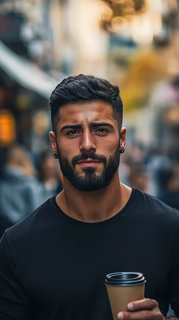 A young man with short, dark hair and a well-groomed beard stands in a blurred city street. He's wearing a plain black t-shirt and small earrings.  His gaze is direct and serious, creating a pensive mood.  He holds a disposable coffee cup in his hand, suggesting a moment of casual contemplation amidst urban life. The background is out of focus, drawing attention to the man's sharp features and intense expression.