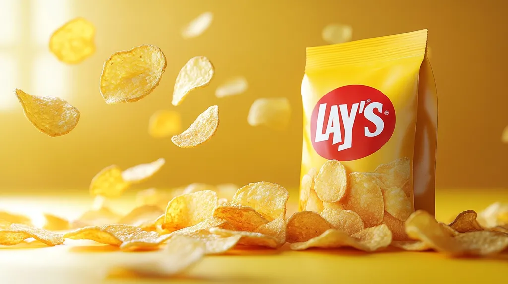 A partially opened bag of Lay's potato chips sits on a yellow surface.  Numerous golden-brown chips are scattered around the bag and several are suspended in mid-air, creating a dynamic, appetizing image.  The bright yellow background enhances the chips' color and the overall sense of freshness and crispness. The Lay's logo is prominently displayed on the bag.