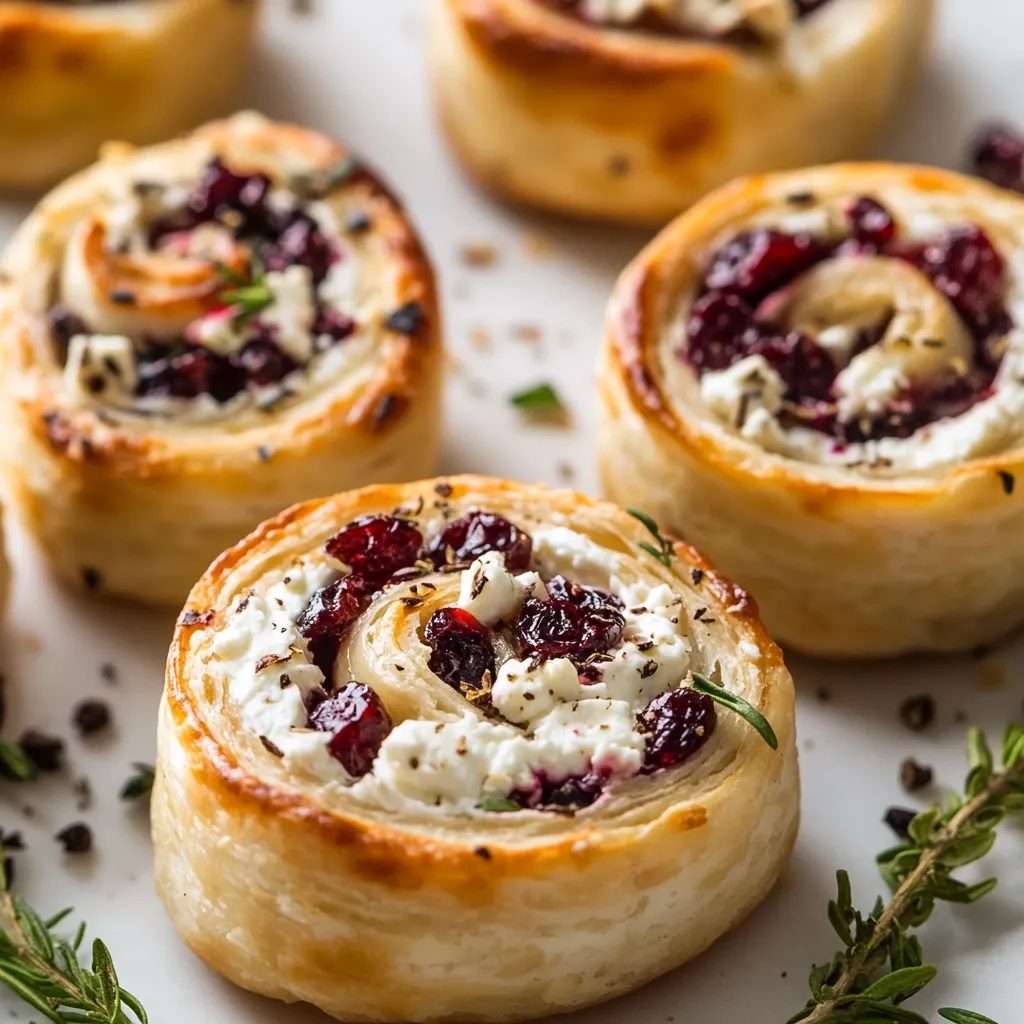 Here's a description of the image:

Close-up view of several golden-brown puff pastry swirls arranged on a white surface.  Each swirl is filled with a creamy white cheese, dark red cranberries, and what appears to be crumbled feta cheese.  Sprinkles of black pepper and fresh herbs, possibly rosemary, are scattered on and around the pastries. The pastries appear warm and inviting, showcasing a delectable sweet and savory combination. The background is softly blurred, focusing attention on the delicious appetizers in the foreground.