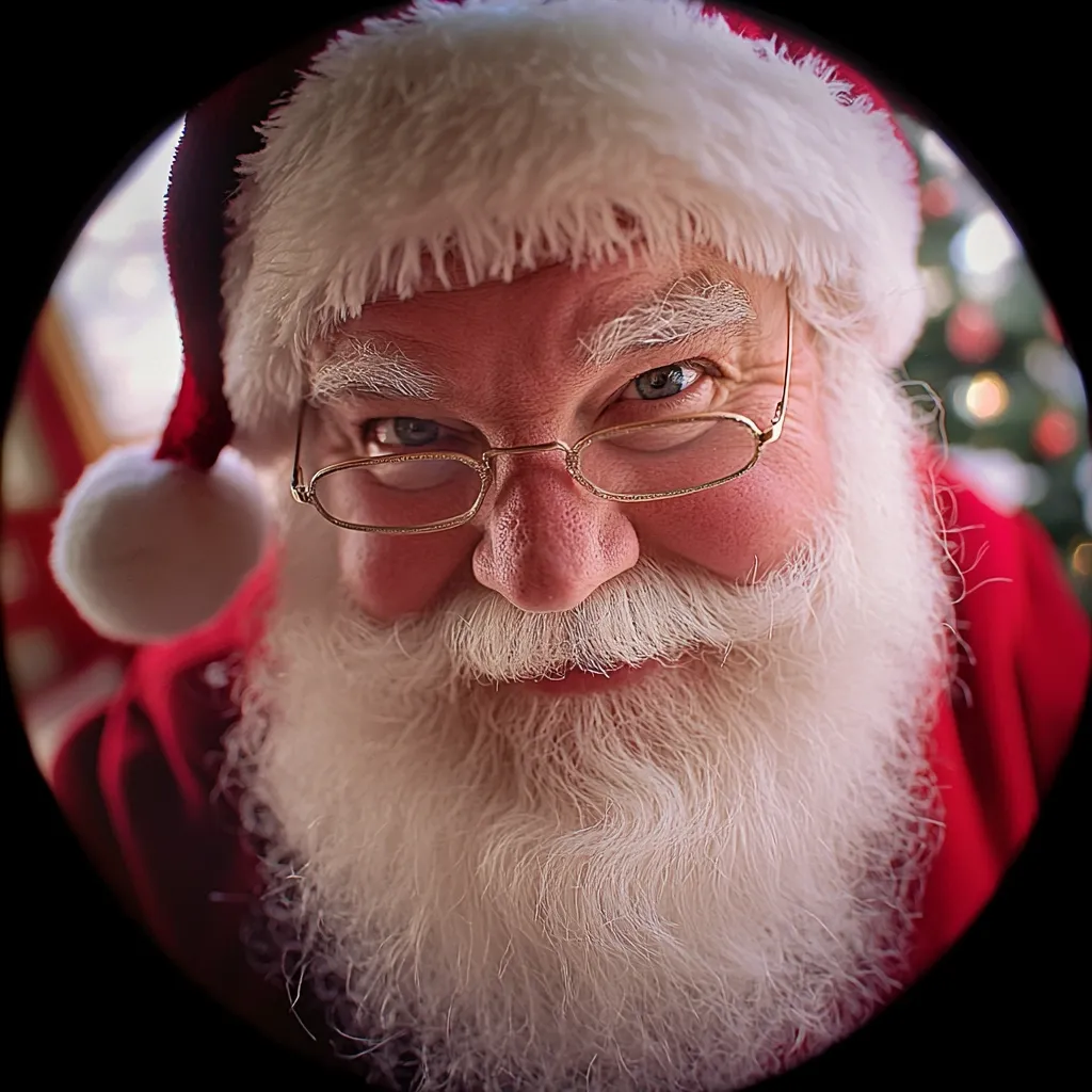 Here's a description of the image:

Close-up view through a fisheye lens of Santa Claus.  His face is prominently displayed, framed by a thick, white beard and mustache. He wears glasses and a traditional red Santa suit with a fluffy white hat. A hint of a smile plays on his lips. The background is blurry but shows a decorated Christmas tree, suggesting a festive setting.  The overall effect is playful and intimate, as if Santa is peering directly at the viewer.