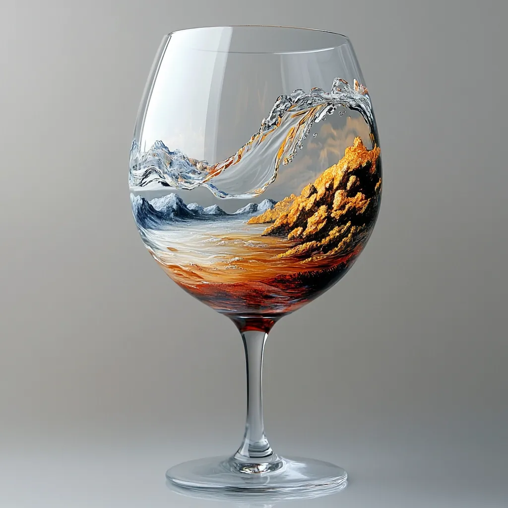 A stemmed glass, resembling a brandy snifter, is meticulously painted to depict a serene landscape.  The artwork cleverly integrates a wave of water appearing to crash onto a beach scene, complete with mountains and golden foliage. The illusion is remarkably realistic, making the painted scene appear three-dimensional and seamlessly blending with the transparent glass. The overall effect is both artistic and visually stunning.