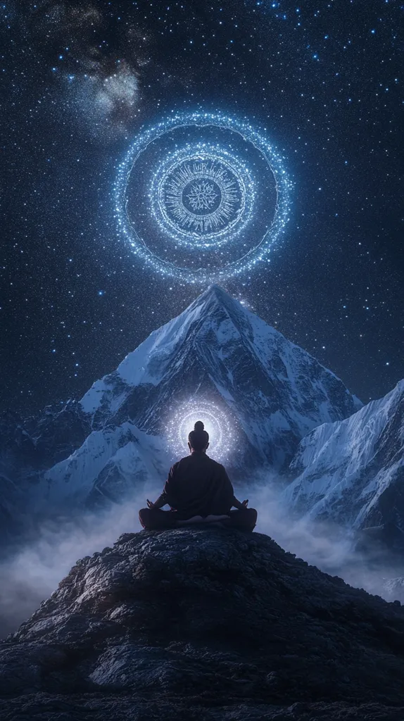 A serene image depicts a figure in a meditative pose atop a rocky outcrop, silhouetted against a majestic snow-capped mountain range.  Above, a mesmerizing celestial display unfolds – a bright, circular constellation of light against a backdrop of a starry night sky, including a visible milky way. The overall mood is one of tranquility, spiritual enlightenment, and the vastness of the universe. The scene is surreal and evocative, blending elements of nature and spirituality.