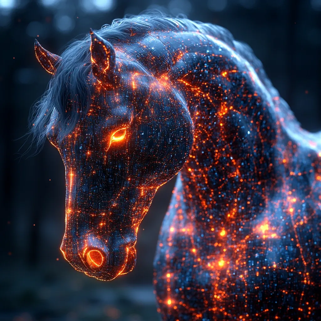 A digital rendering depicts a horse's head and neck, seemingly composed of countless glowing particles.  The particles are predominantly dark blue, with vibrant orange embers illuminating the horse's form, particularly around its eyes and along its neck. The background is a blurred, dark forest, contrasting with the horse's ethereal luminescence. The overall effect is both mystical and technologically advanced, suggesting a digital or otherworldly creature.