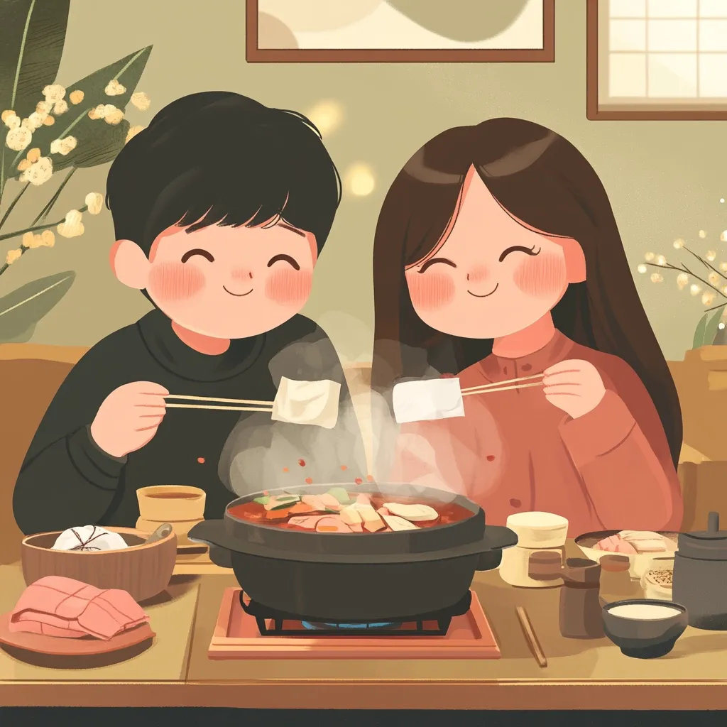 A charming illustration depicts a young couple enjoying a cozy hot pot meal.  The characters, drawn in a cute, stylized manner, are happily dipping food into the steaming pot.  The warm lighting and soft color palette create a romantic and intimate atmosphere.  The scene is set at a wooden table, surrounded by various small dishes and plants, suggesting a comfortable home setting.  The overall feeling is one of contentment and shared enjoyment.