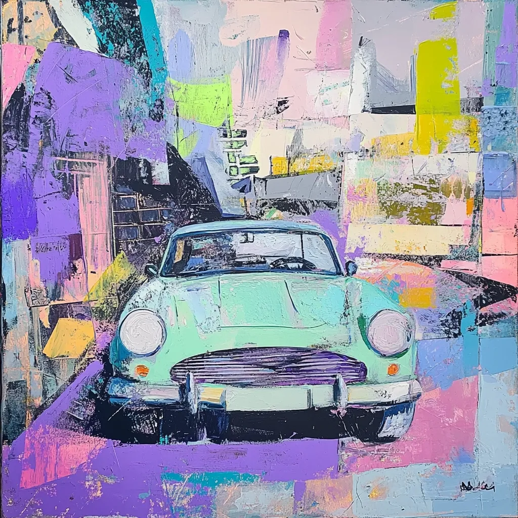 Here's a description of the image:

The artwork is an abstract expressionist painting featuring a mint-green classic car as its central focus. The car, seemingly a vintage model, is rendered with visible brushstrokes, giving it a slightly textured appearance. The background is a vibrant collage of pastel colors—purples, pinks, light greens, and yellows—applied in thick, layered strokes, creating a sense of depth and movement. Geometric shapes and abstract forms intermingle with the colors, contributing to the painting's dynamic and somewhat chaotic energy. The overall effect is a lively and expressive portrayal of a classic car within a visually stimulating, abstract cityscape.