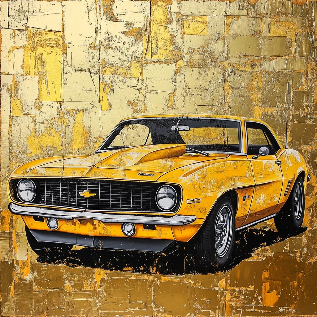 Here's a description of the image:

The artwork depicts a vibrant yellow 1969 Chevrolet Camaro SS, sharply rendered against a textured gold background. The car is the focal point, positioned slightly off-center, showcasing its classic muscle car design. The gold background, reminiscent of aged gold leaf or metallic paint, adds a layer of richness and complements the car's color. The contrast between the smooth car and the rough texture of the background enhances the artwork's visual appeal.  The style is a blend of realism and texture, suggesting both a photograph-like accuracy and the artistic application of paint.
