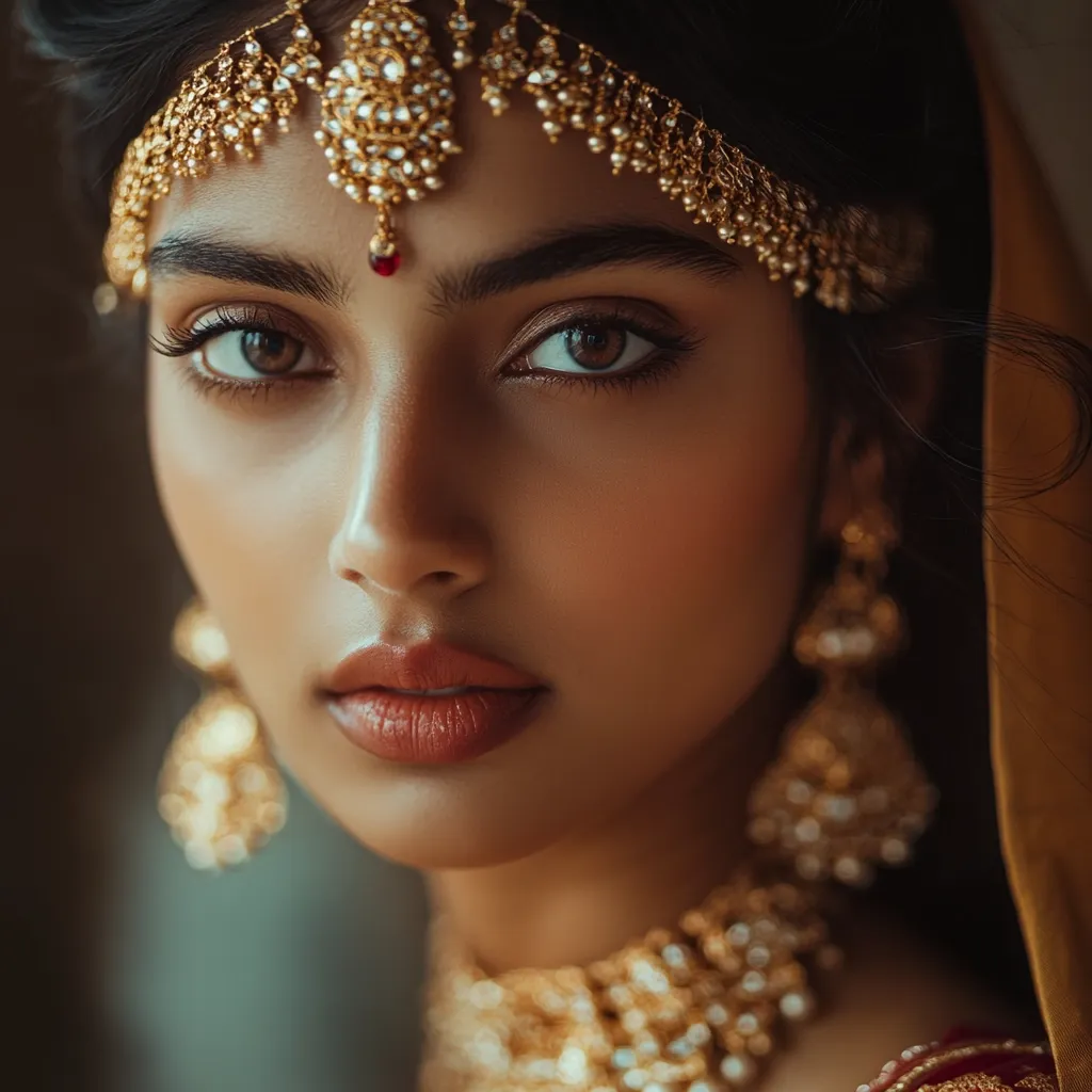 Close-up portrait of a young woman adorned in elaborate gold jewelry.  A jeweled headpiece rests delicately on her forehead, complemented by large, dangling earrings and a striking necklace. Her makeup is subtly enhanced, emphasizing her expressive brown eyes and full lips. The warm lighting and rich tones of the gold jewelry create a luxurious and captivating image.  A portion of a golden veil is visible in the background.