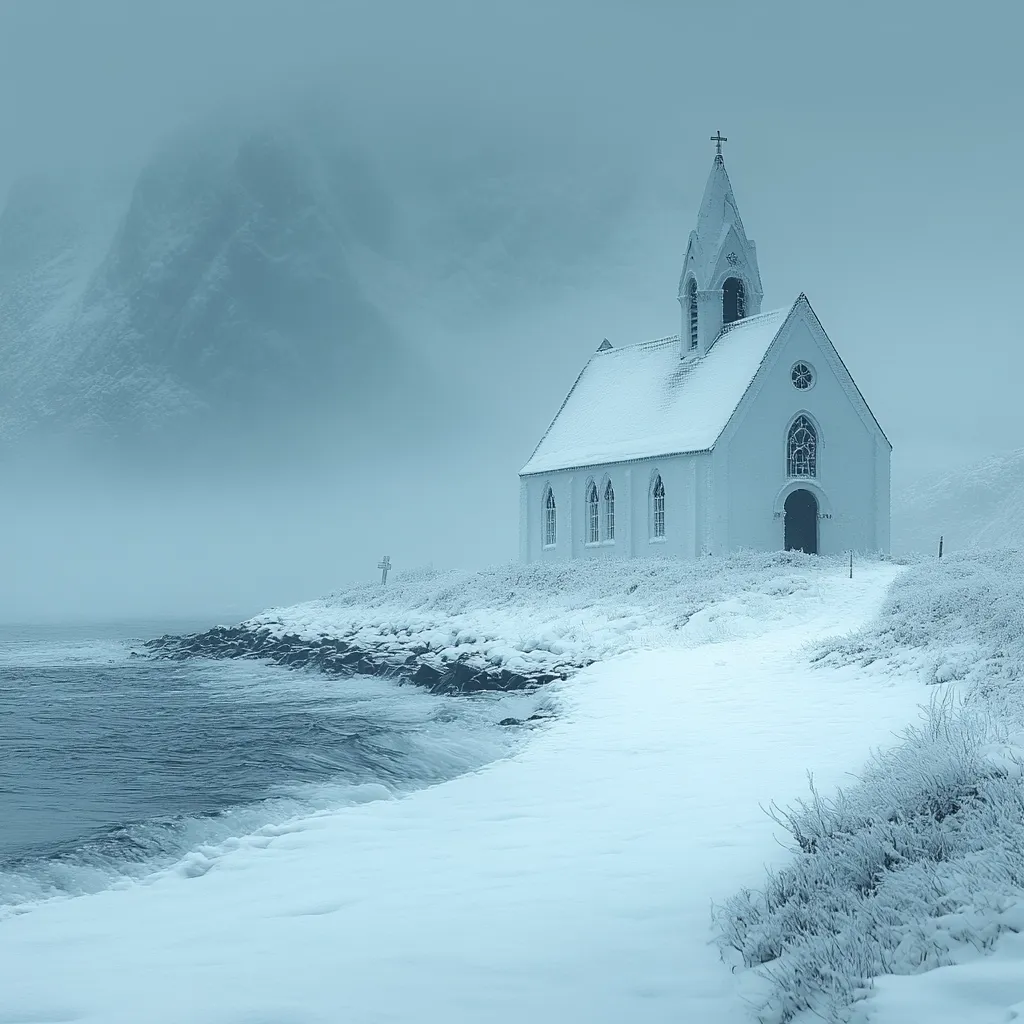 A serene winter scene features a small, snow-covered white church situated on a coastal hillside.  The church, with its pointed steeple and arched windows, stands out against the muted tones of the landscape.  A calm, dark-blue sea laps at the snow-covered shore in the foreground.  Misty mountains loom in the background, adding to the peaceful, almost ethereal atmosphere.  The overall color palette is cool and subdued, enhancing the sense of tranquility.
